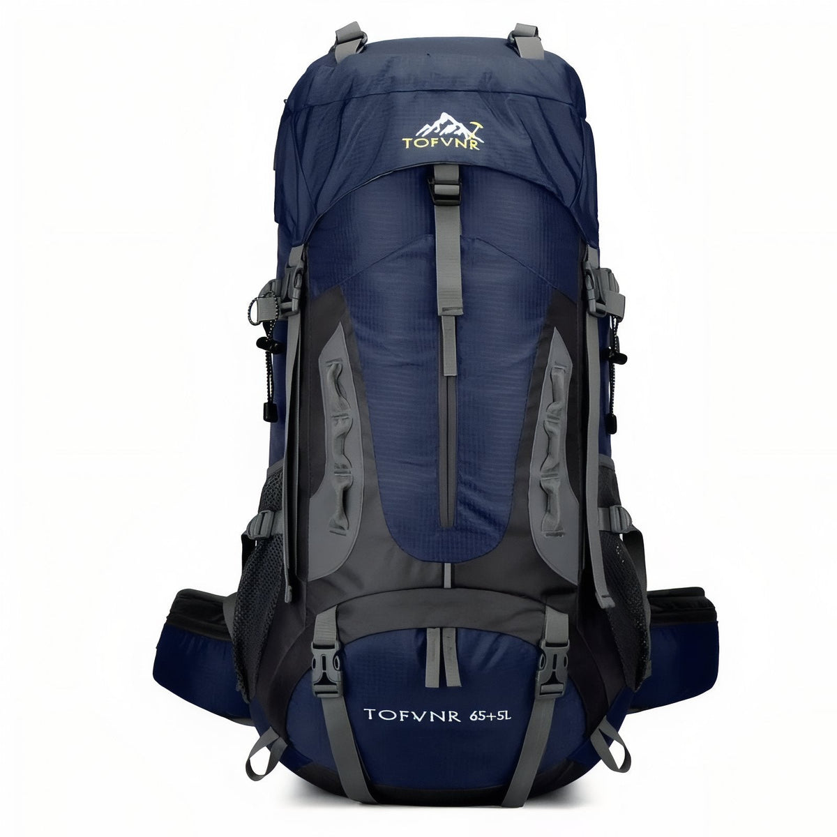 Navy hiking backpack with grey panels, padded hip belt and compression straps, front view