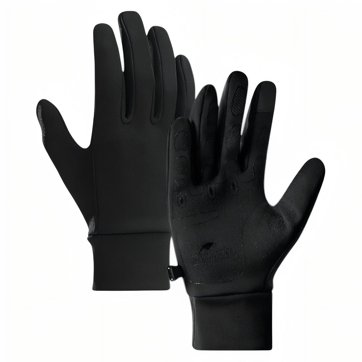 Pair of black stretch hiking gloves, back and palm, with touchscreen tips on the thumb and index finger