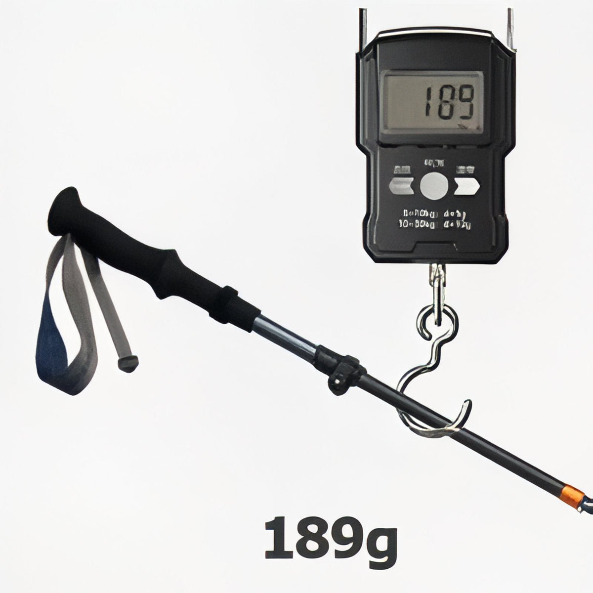 One pole hanging from a luggage scale reading 189 g