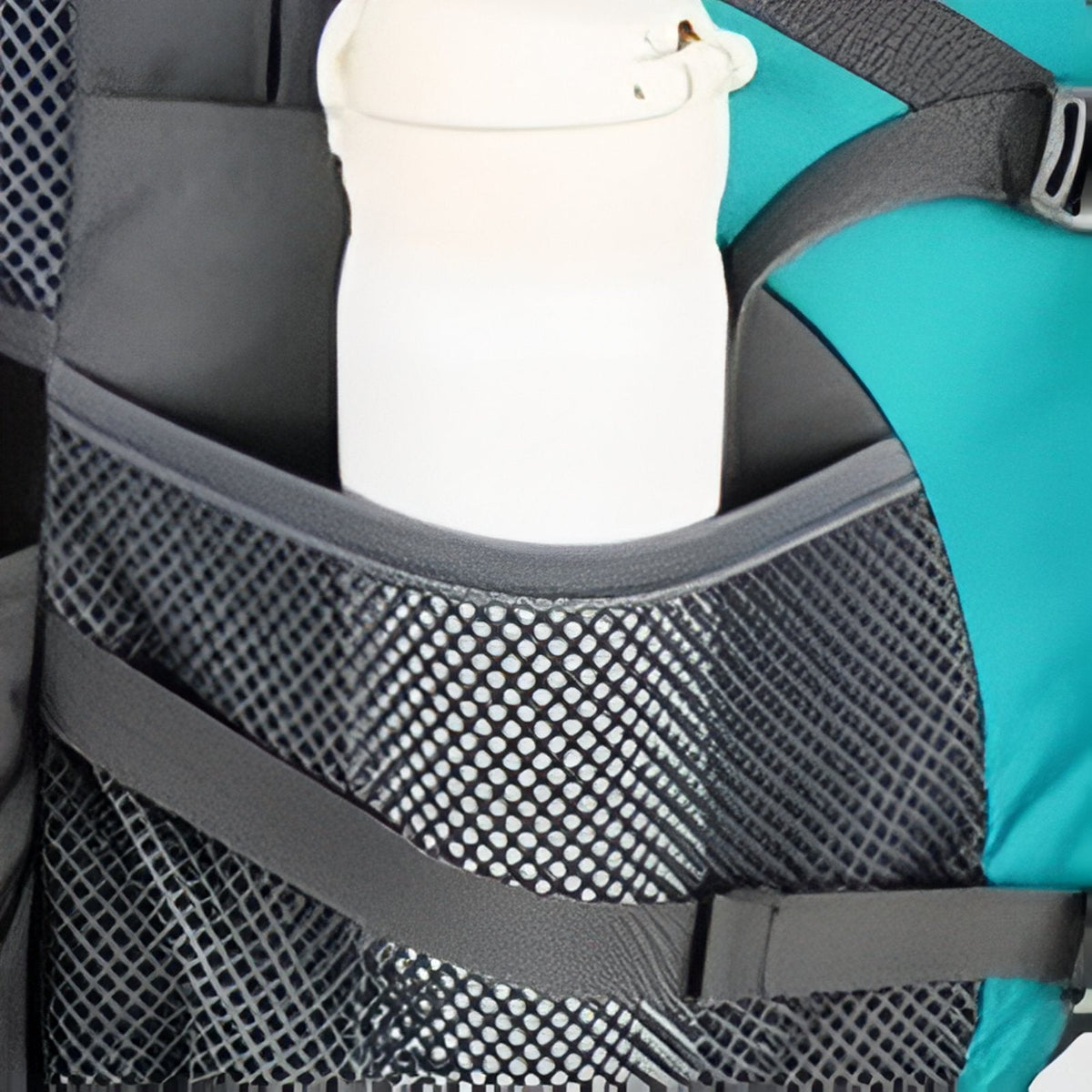 Grey mesh side pocket holding a water bottle