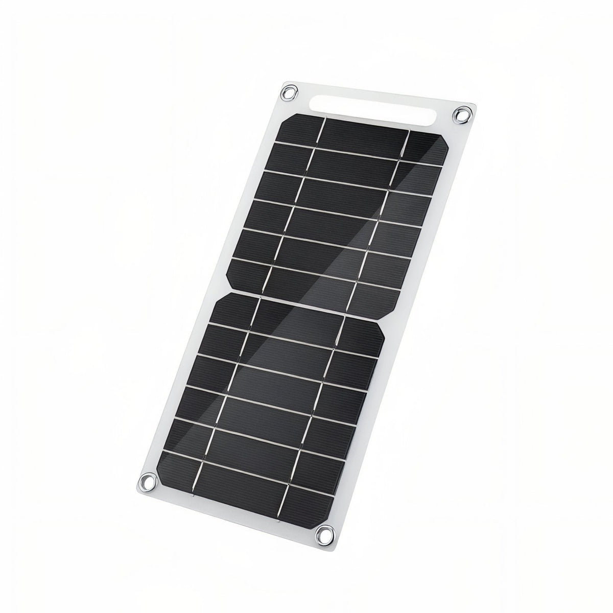 Thin black solar panel in a white frame with a metal eyelet in each corner