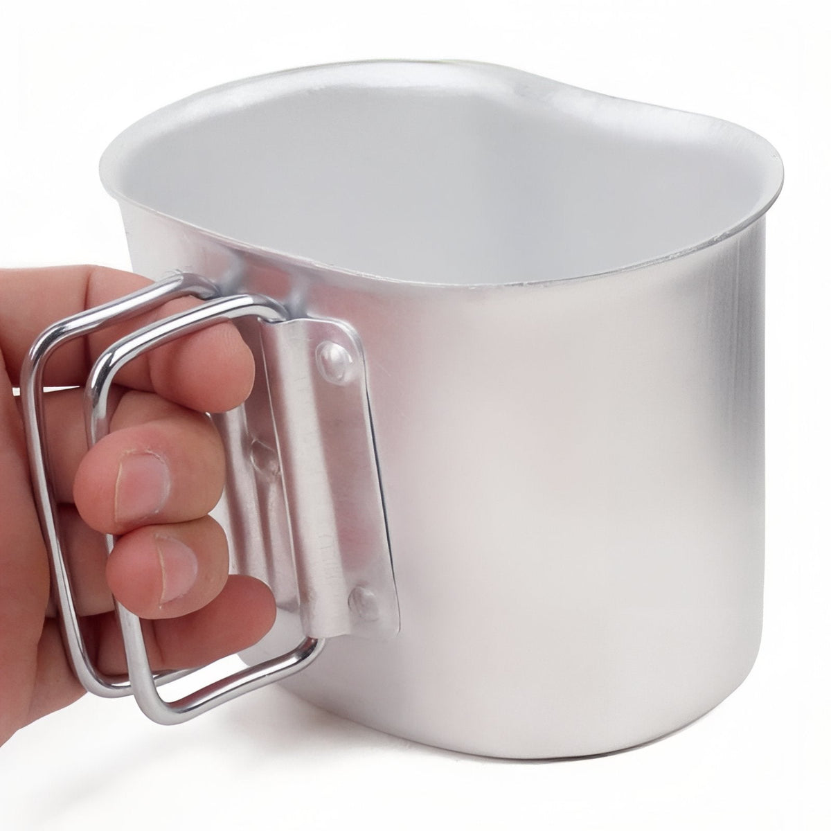 A hand holding the aluminium cup by its folding handle