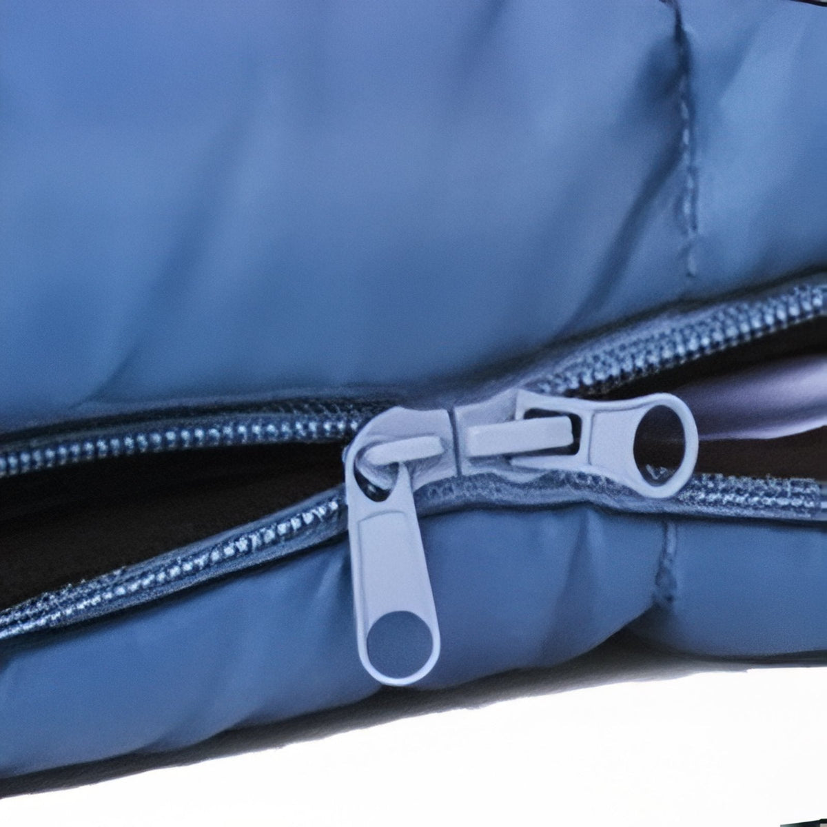 Close-up of the sleeping bag's two-way zip with two grey pullers