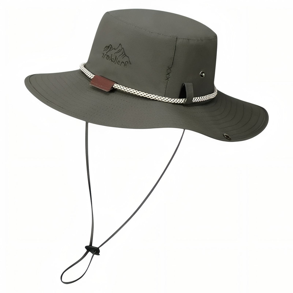 Olive green wide brim hiking hat with braided cord band, brown tab and chin strap, on white