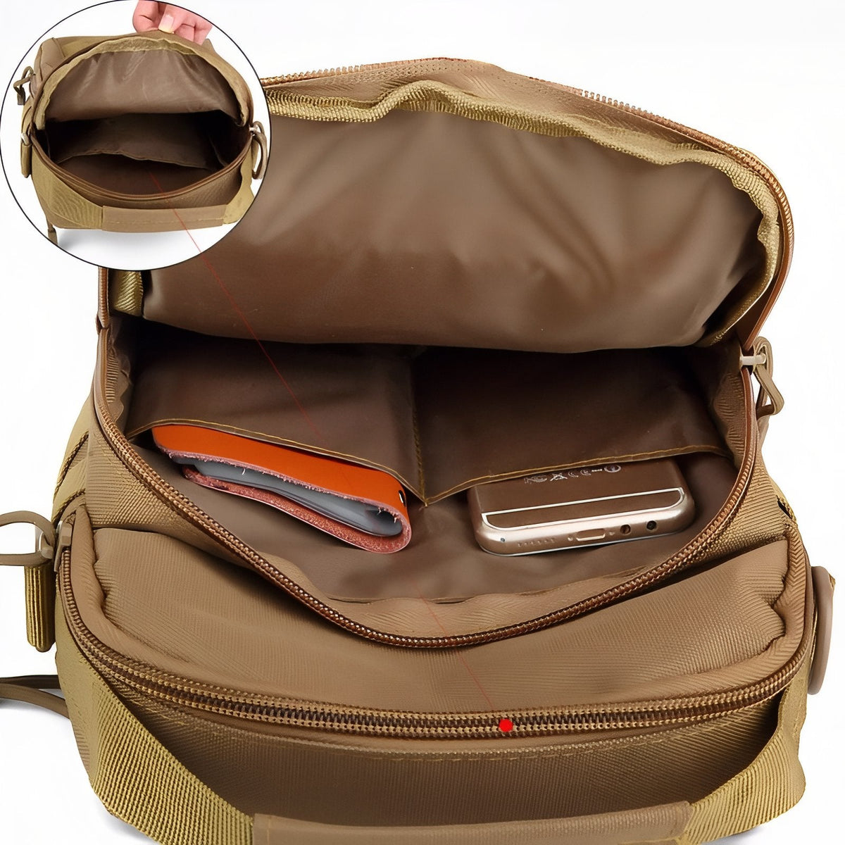 Main compartment of the bag open, with inner slip pockets holding cards and a phone