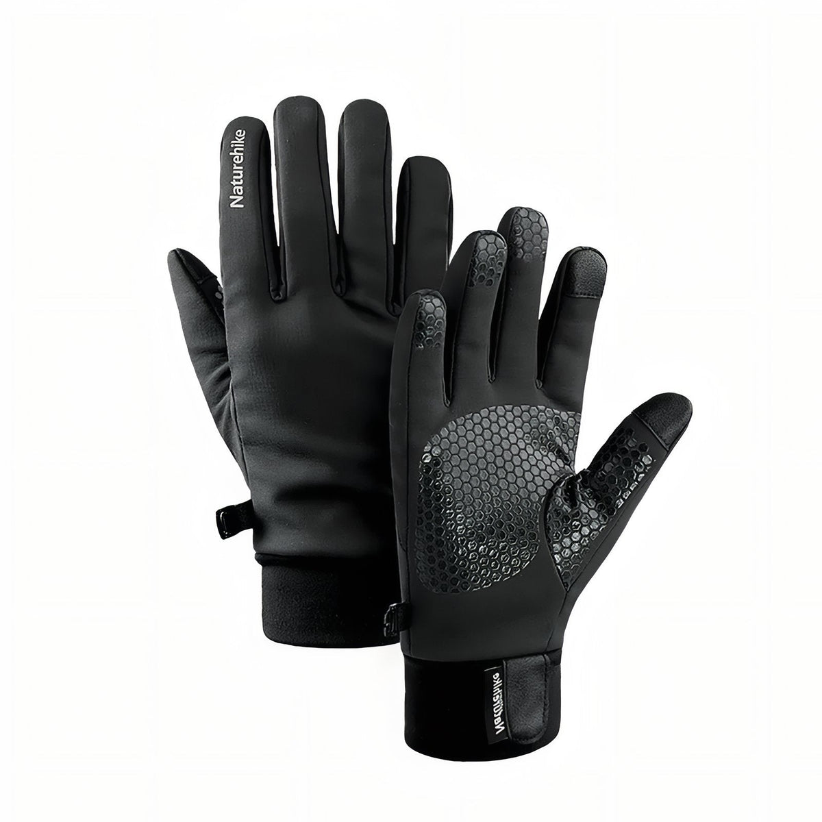 Pair of black fleece-lined hiking gloves with a honeycomb silicone grip on the palm and fingers and touchscreen tips on the thumb and index finger