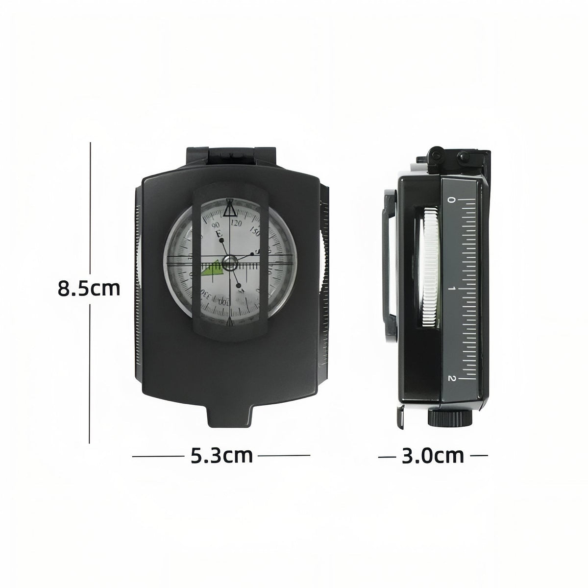 Lensatic compass marked 8.5 cm tall, 5.3 cm wide and 3 cm thick