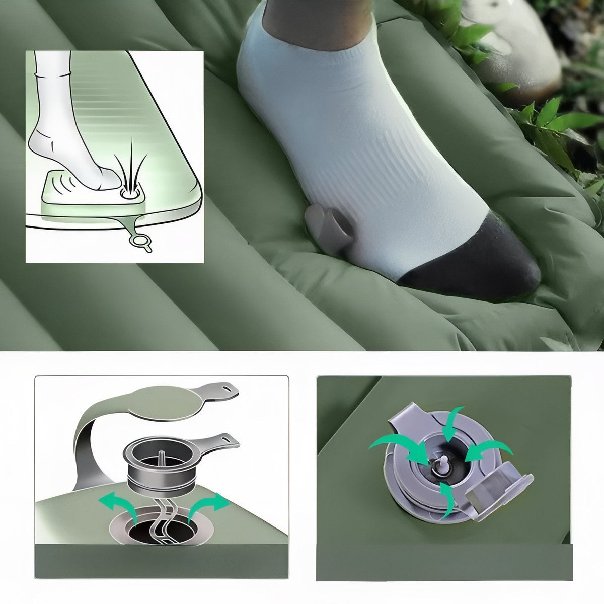 Foot pressing the built-in pump of the dark green mat, with drawings of the valve