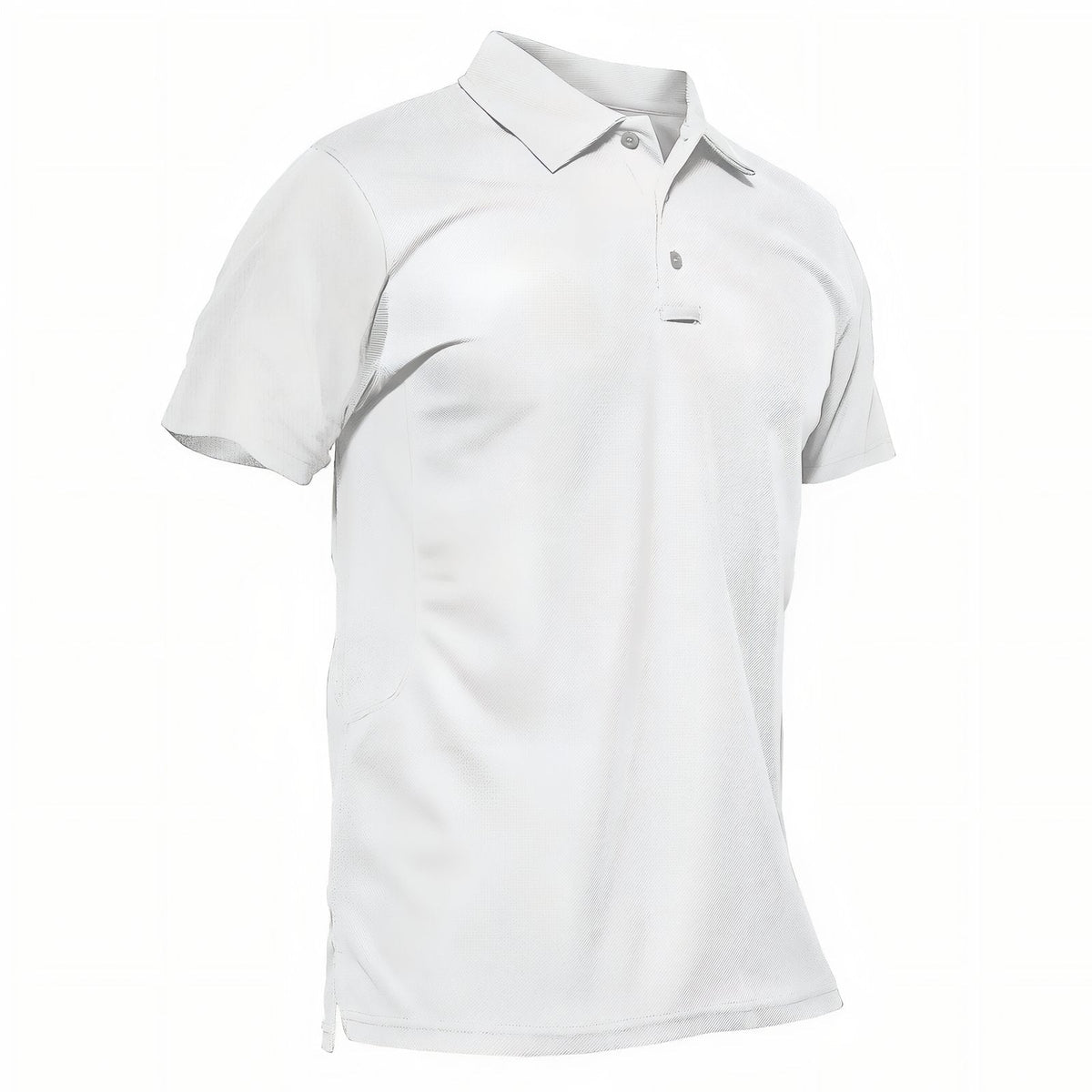 Men's white short-sleeved hiking polo shirt seen from the front at an angle