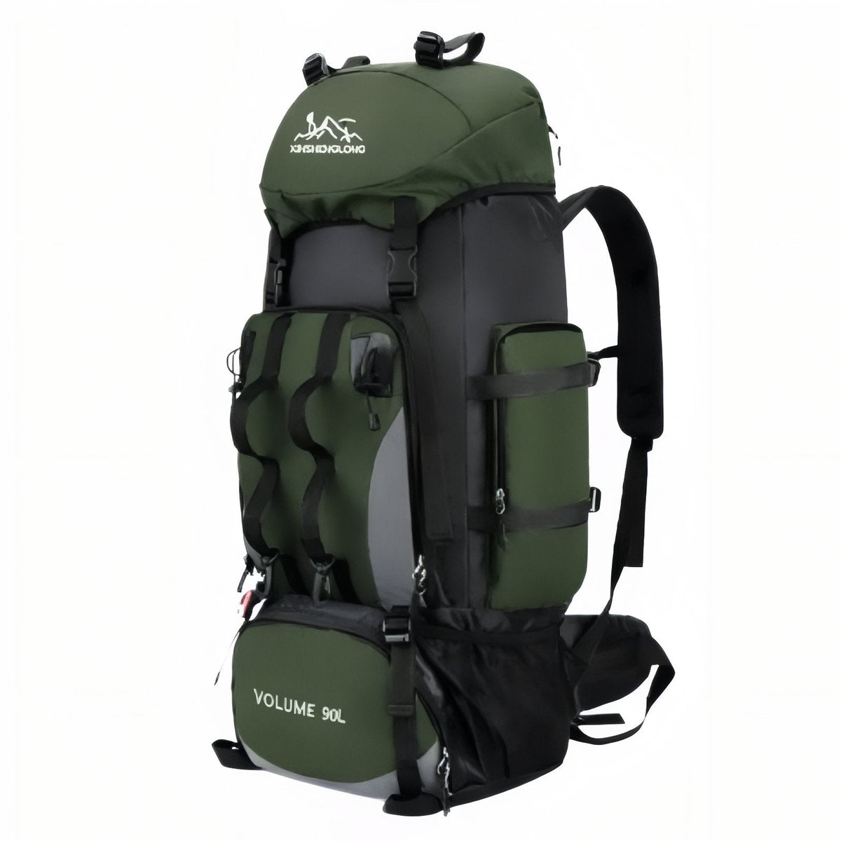 Army green 90 L hiking backpack shown from the front