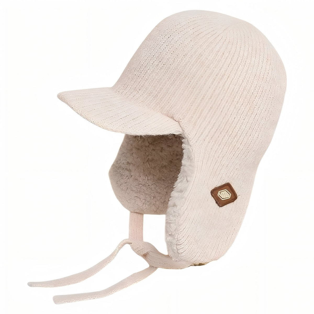 Cream knitted trapper hat with plush ear flaps and tie cords