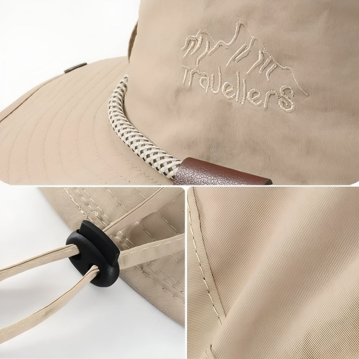 Close-ups of the beige hat: embroidered mountain motif, braided band, chin strap cord lock and brim stitching