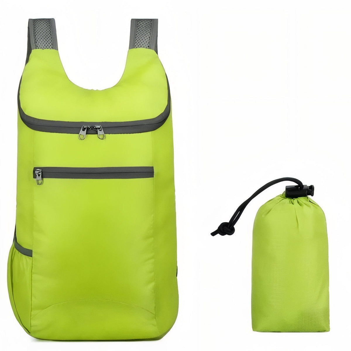 Lime green packable daypack beside its drawstring stuff sack