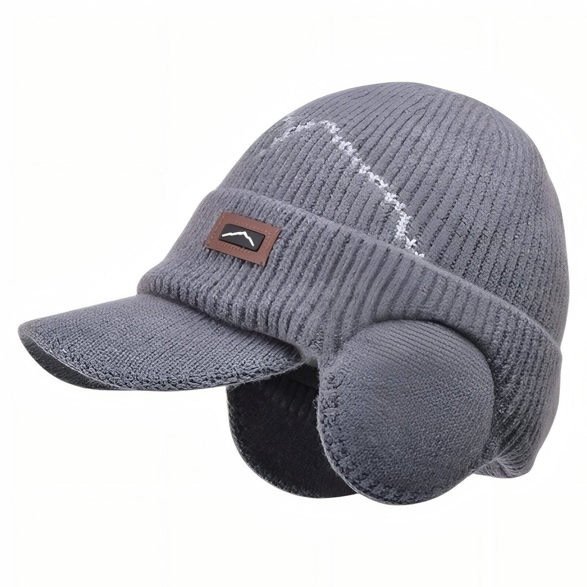 Dark grey knitted peaked beanie with round ear flaps and a light contrast line