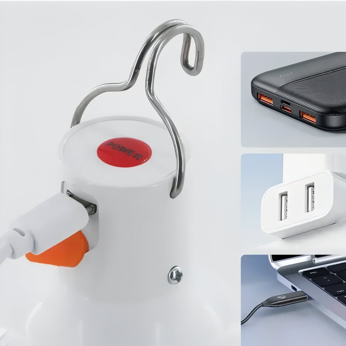 LED bulb lantern charging from a power bank, a wall plug or a laptop through its side port