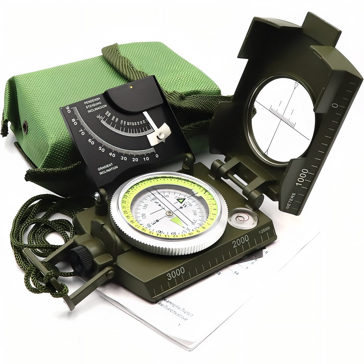 Army green metal sighting compass open with its clinometer raised, luminous green dial and lanyard, beside its green carry pouch