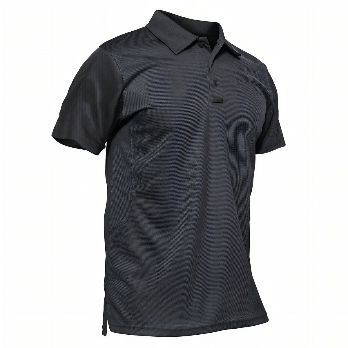 Men's charcoal grey short-sleeved hiking polo shirt seen from the front at an angle