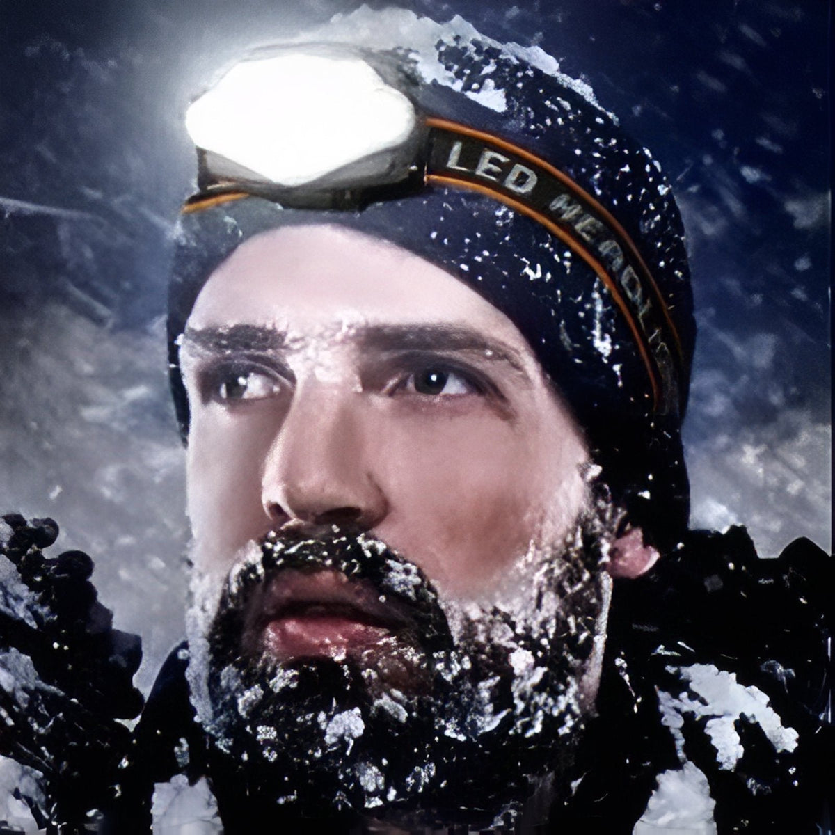 Man in a snowstorm wearing the LED headlamp over a knitted hat