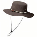 Dark brown wide brim hiking hat with braided cord band and chin strap, on white