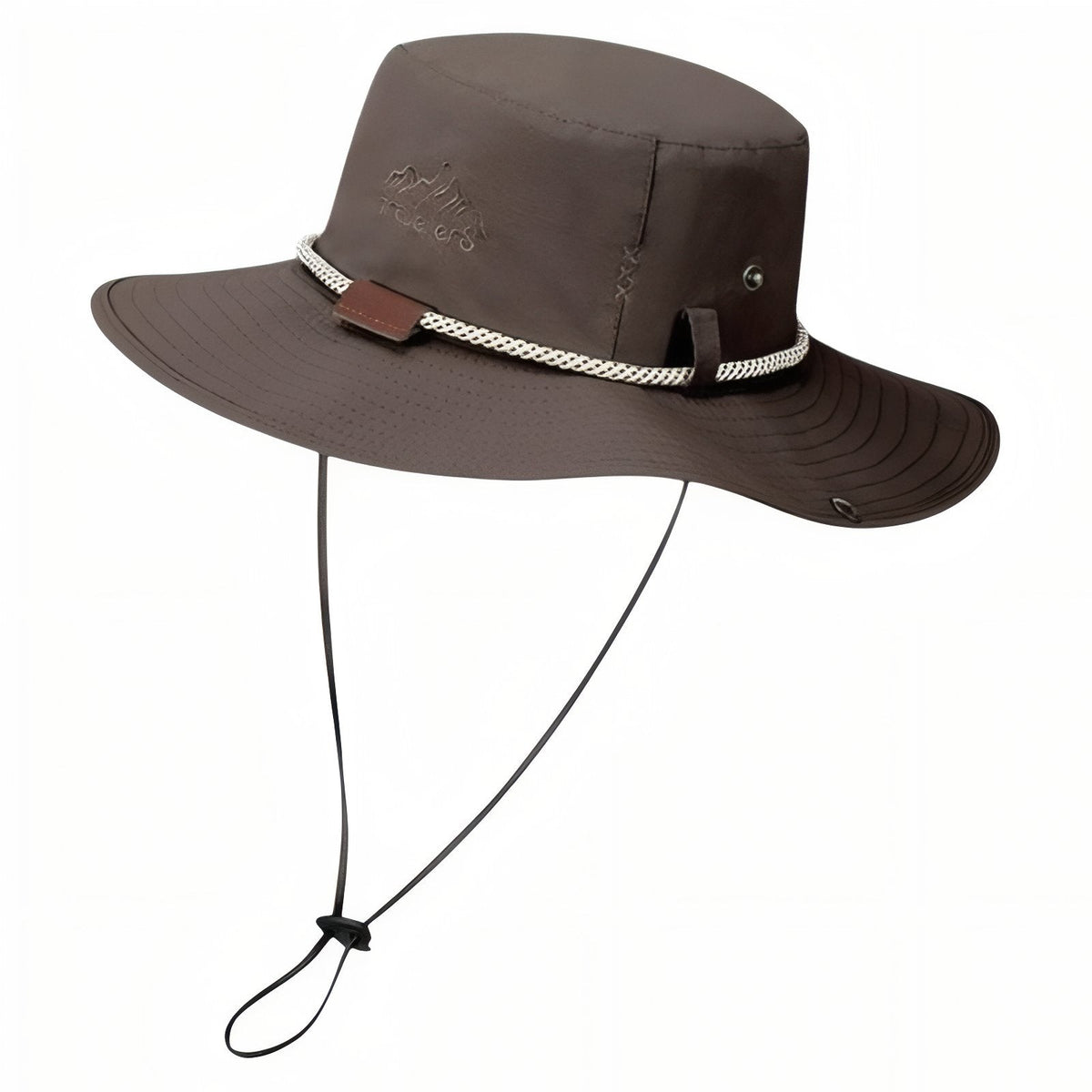 Dark brown wide brim hiking hat with braided cord band and chin strap, on white