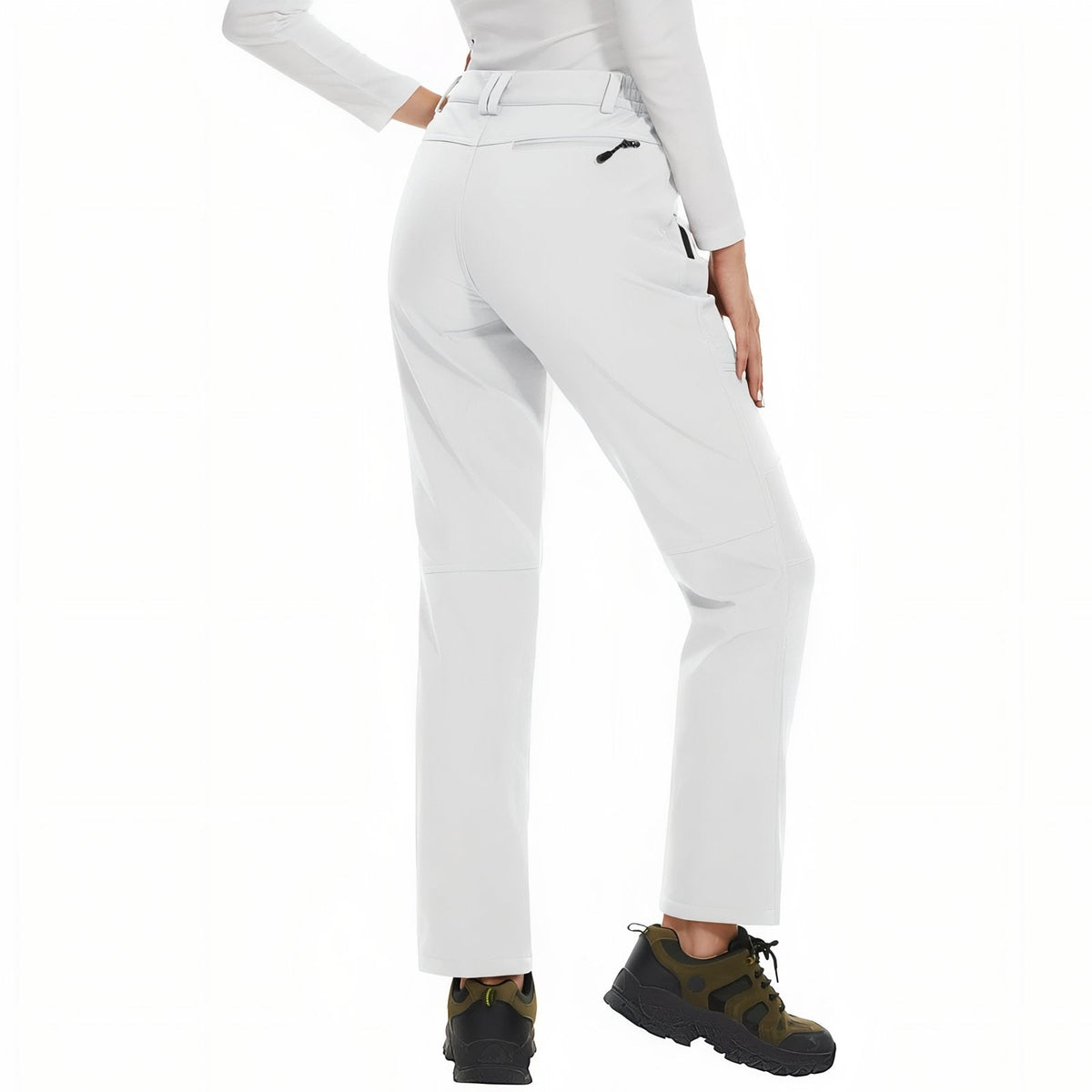 Back view of the white fleece-lined softshell hiking trousers, worn