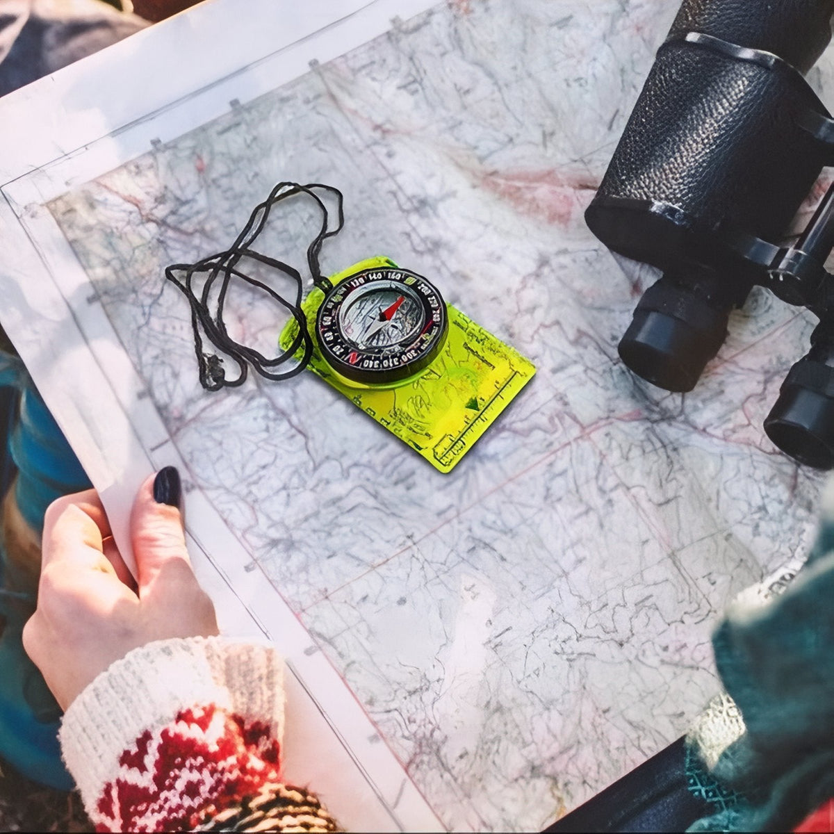 Neon yellow baseplate compass on a topographic map beside a pair of binoculars