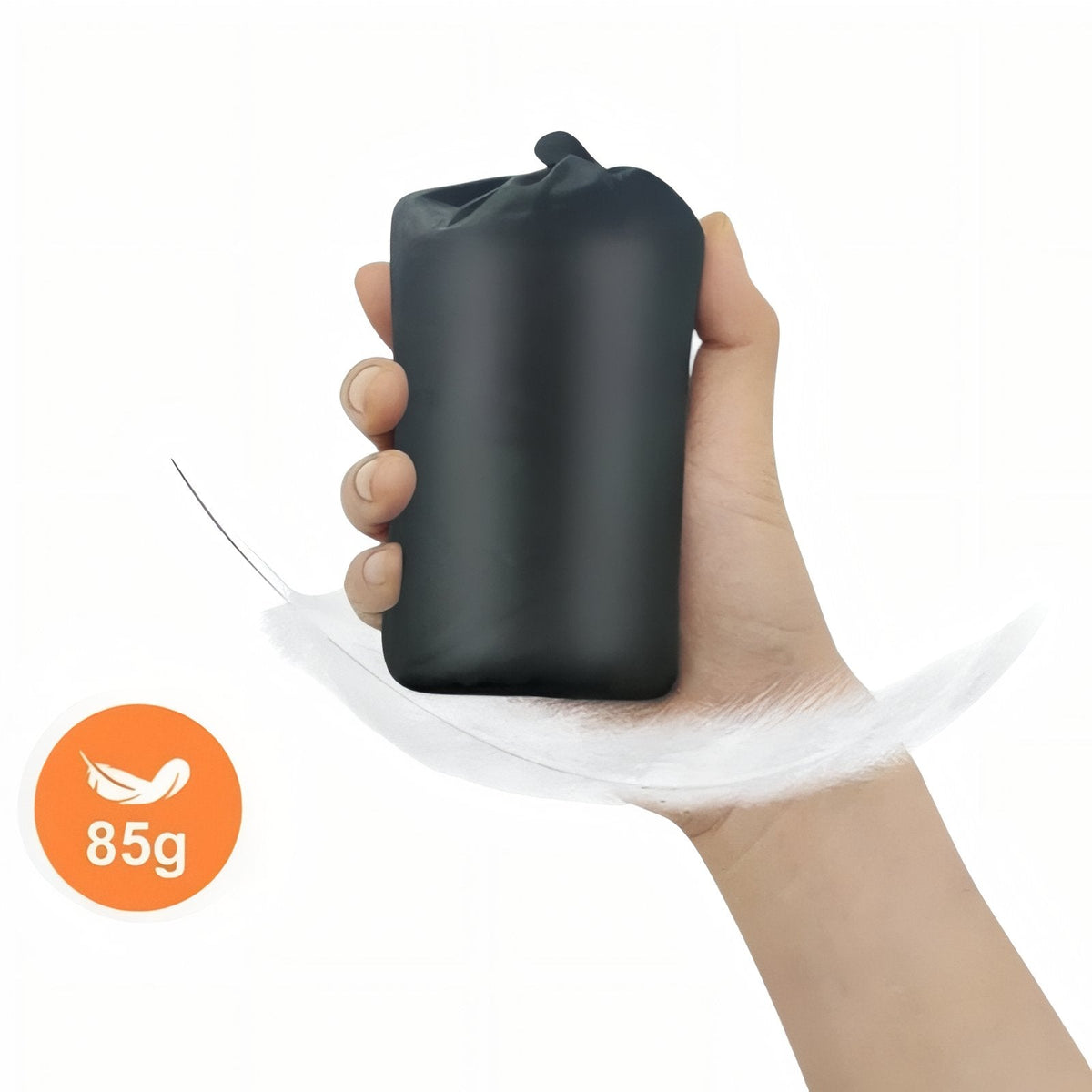 The cushion rolled into its small pouch, held in one hand