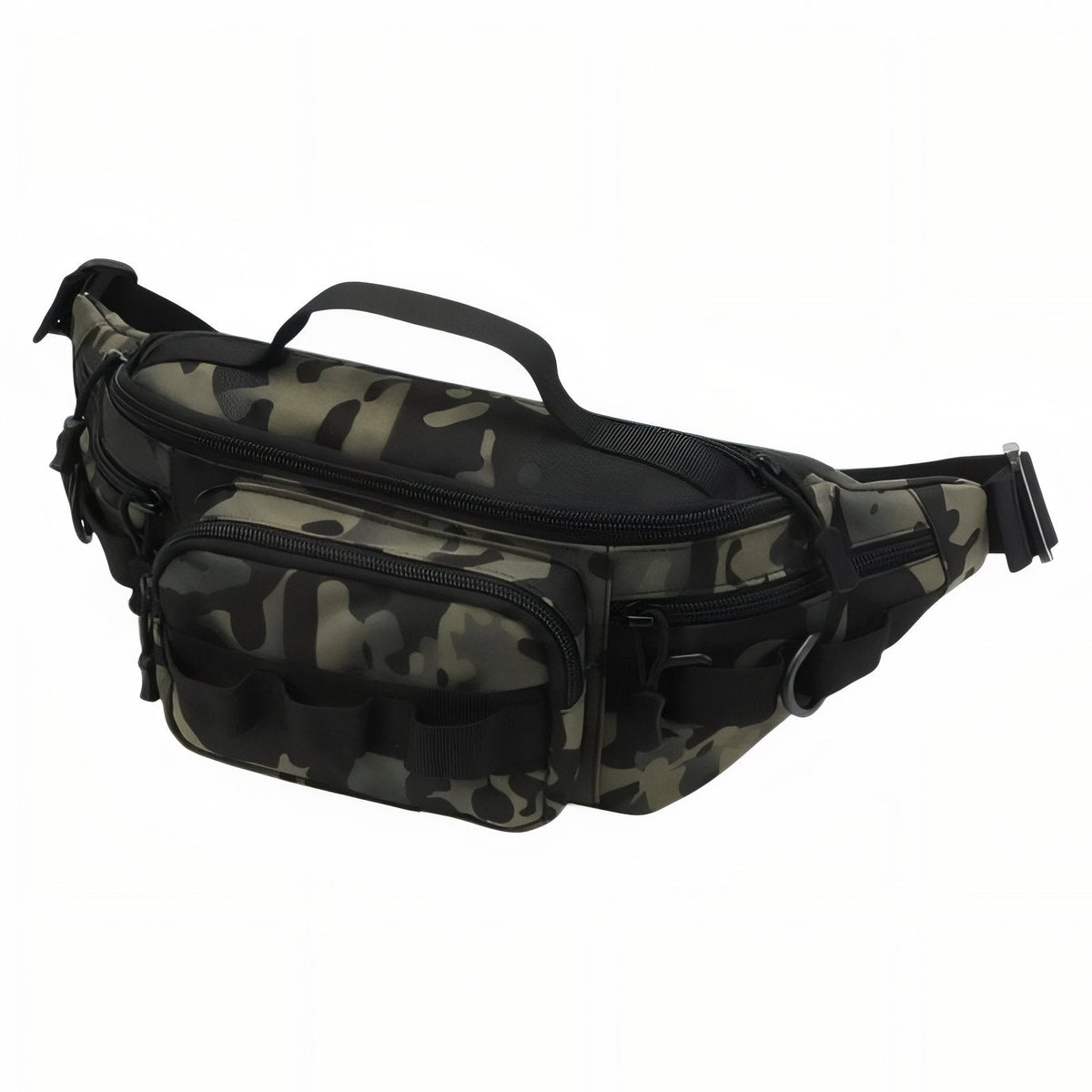 Green and black camouflage hip pack with a top grab handle and front gear loops
