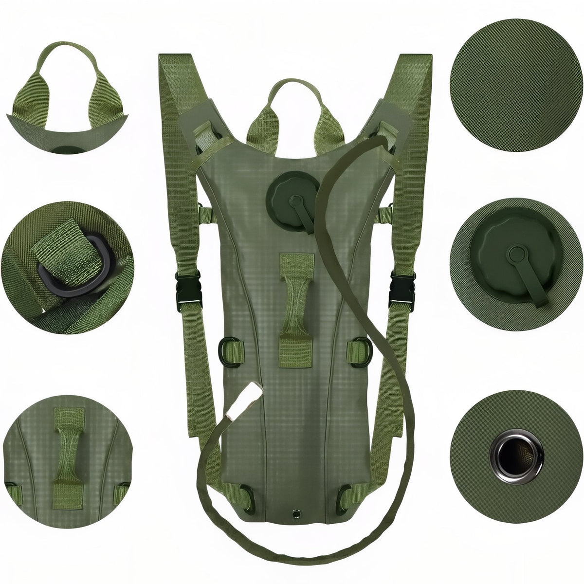 Olive green hydration pack with close-ups of the grab loop, cap, webbing loop and eyelet