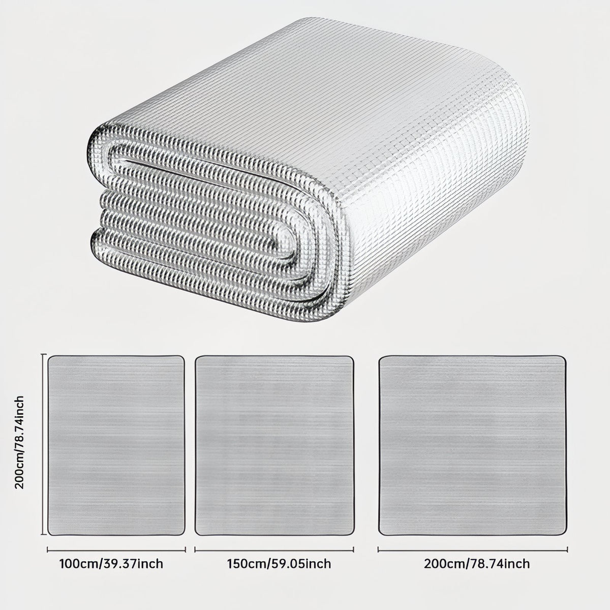 Folded foil foam mat above a diagram of three widths, 100, 150 and 200 cm, each 200 cm long