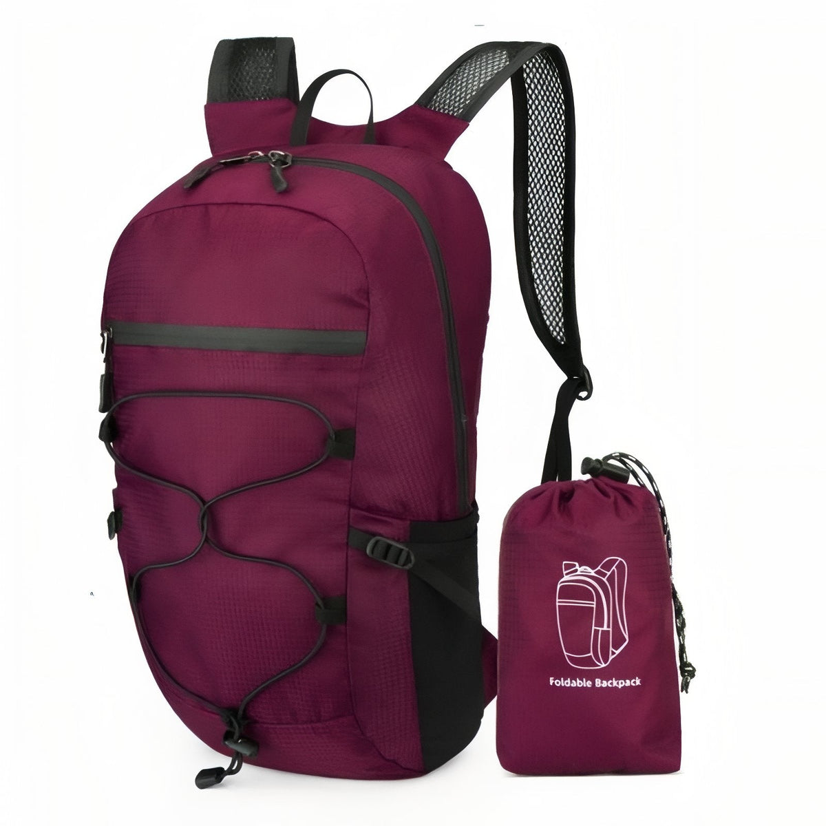 Purple packable daypack with a black bungee cord, beside its matching stuff pouch