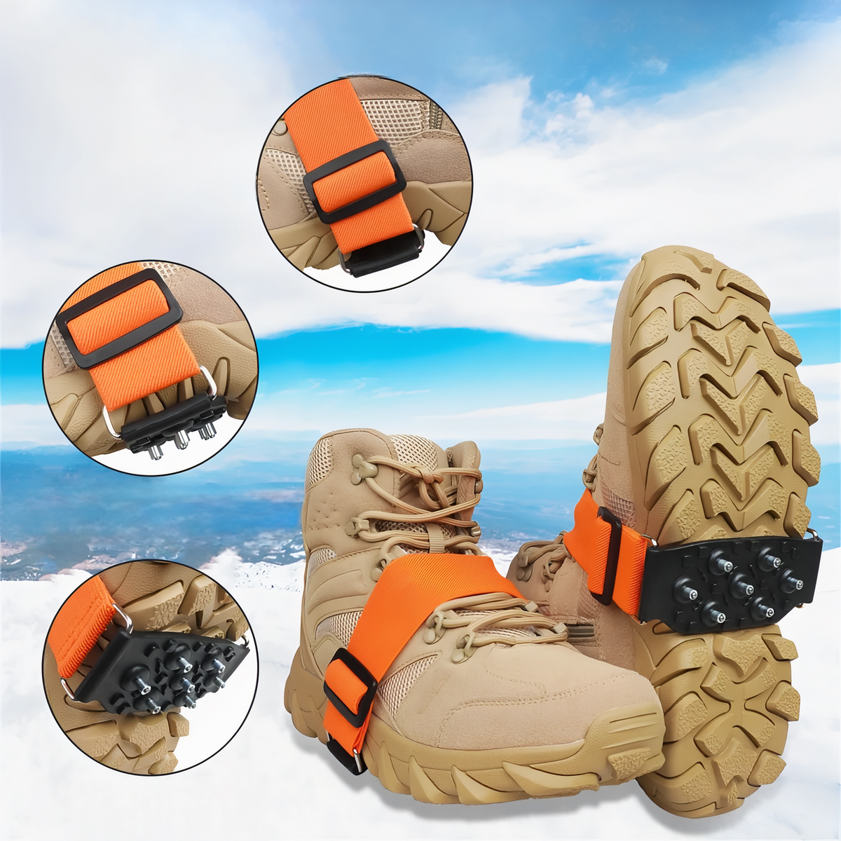 Tan boots wearing the ice cleats, with close-ups of the strap buckle and the studded pad