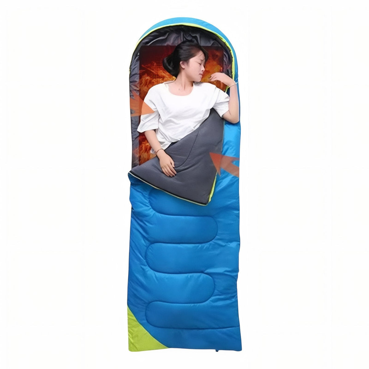 Heated pad inside a blue sleeping bag with a sleeper, the warmth drawn as an orange glow