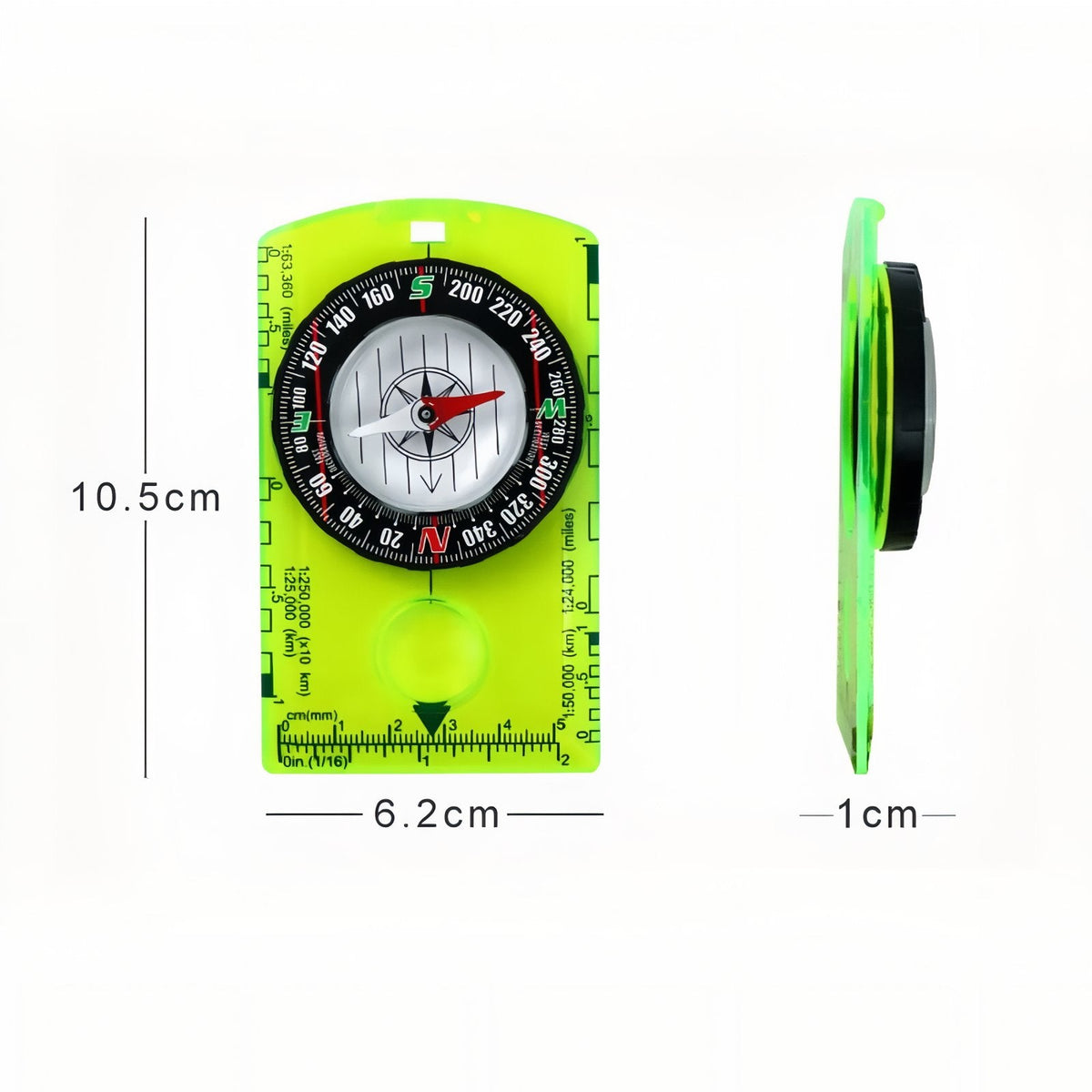 Neon yellow baseplate compass from the front and the side, measuring 10.5 by 6.2 cm and 1 cm thick