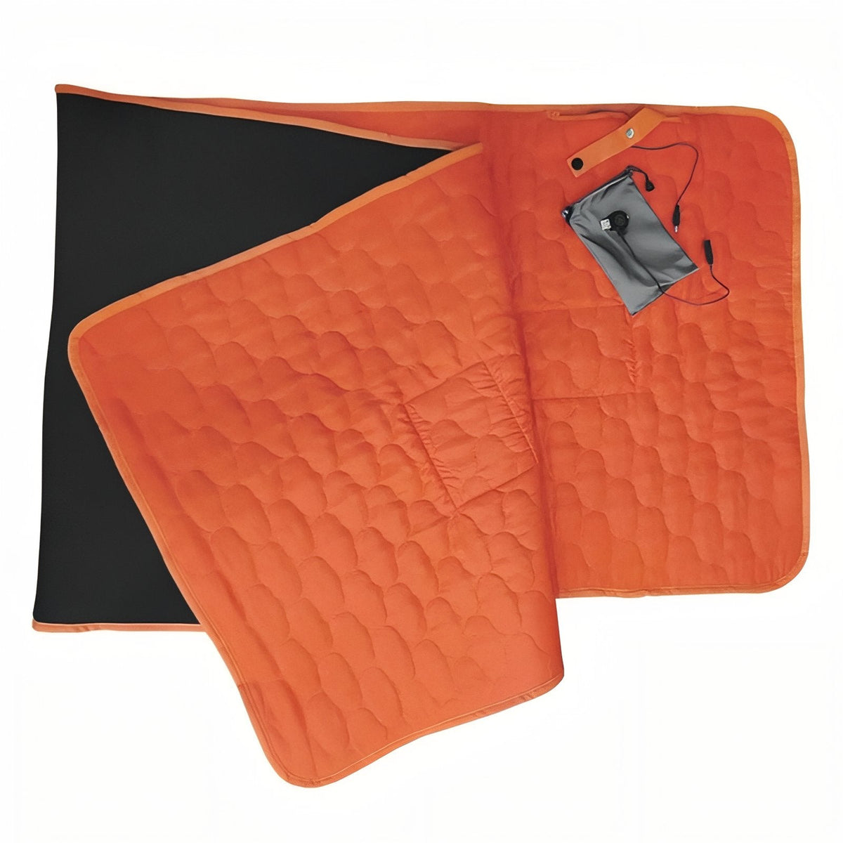 Orange heated sleeping pad folded to show its black non-slip underside and the side pocket