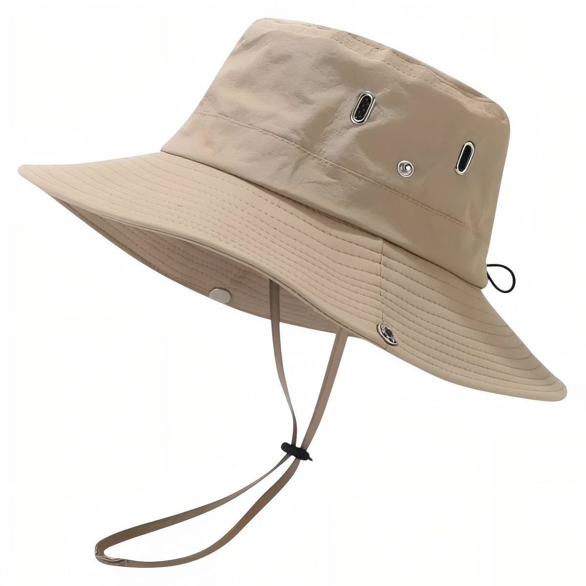 Beige wide-brim hiking hat with air vents in the crown and a chin cord, three-quarter view