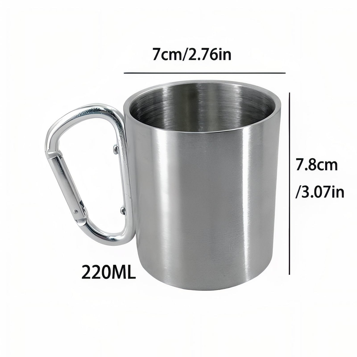 Stainless steel carabiner mug measuring 7 cm across and 7.8 cm tall, holding 220 ml