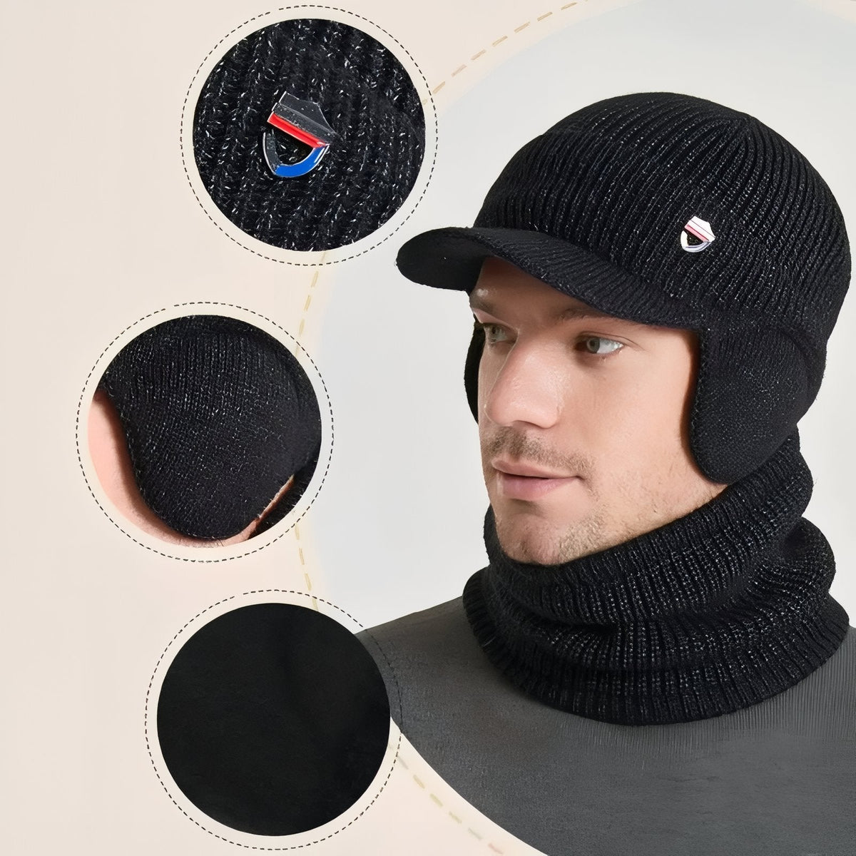 Black knit hat with close-ups of the metal shield badge, the ear flap and the fleece lining