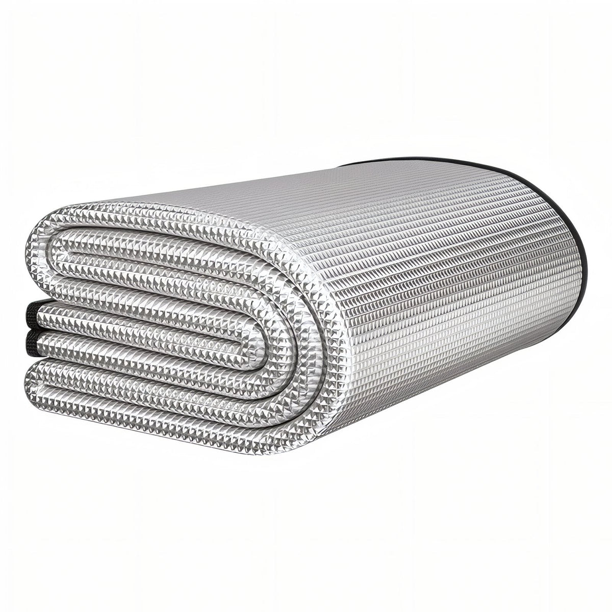 Aluminium-foil foam camping mat folded into a flat stack, with its black bound edge