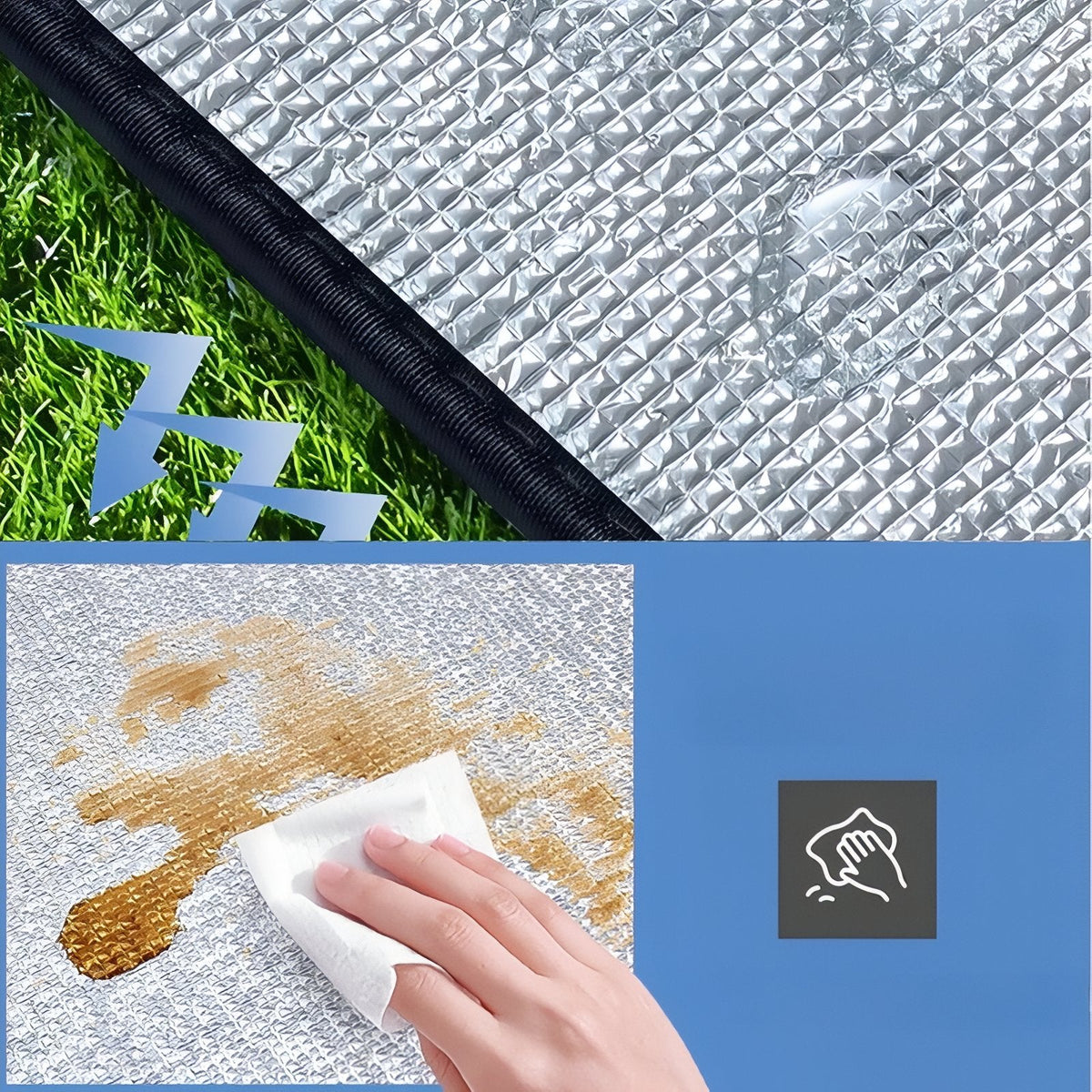 Water droplet beading on the foil mat on grass, and a hand wiping a spill off the foil with a tissue