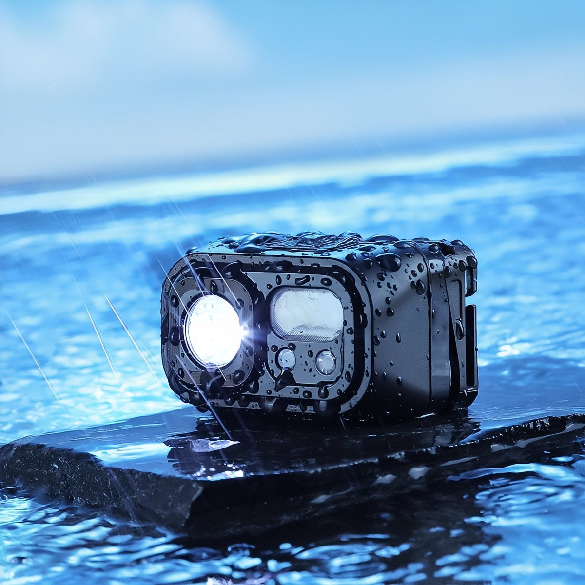 The headlamp switched on, resting on a wet rock with water droplets on its housing