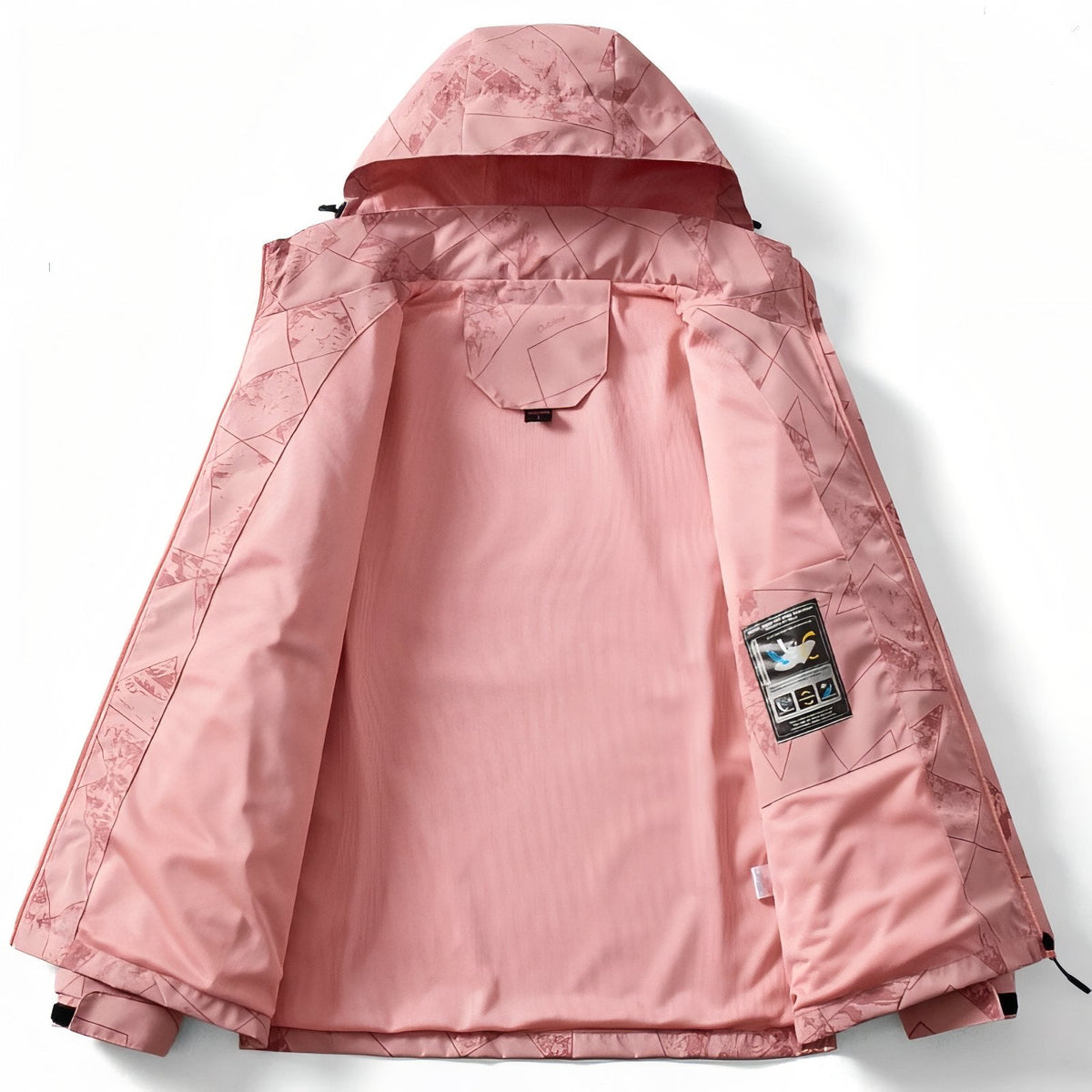 Inside of the pink jacket laid open, showing the lining, hood drawcords and hem toggles