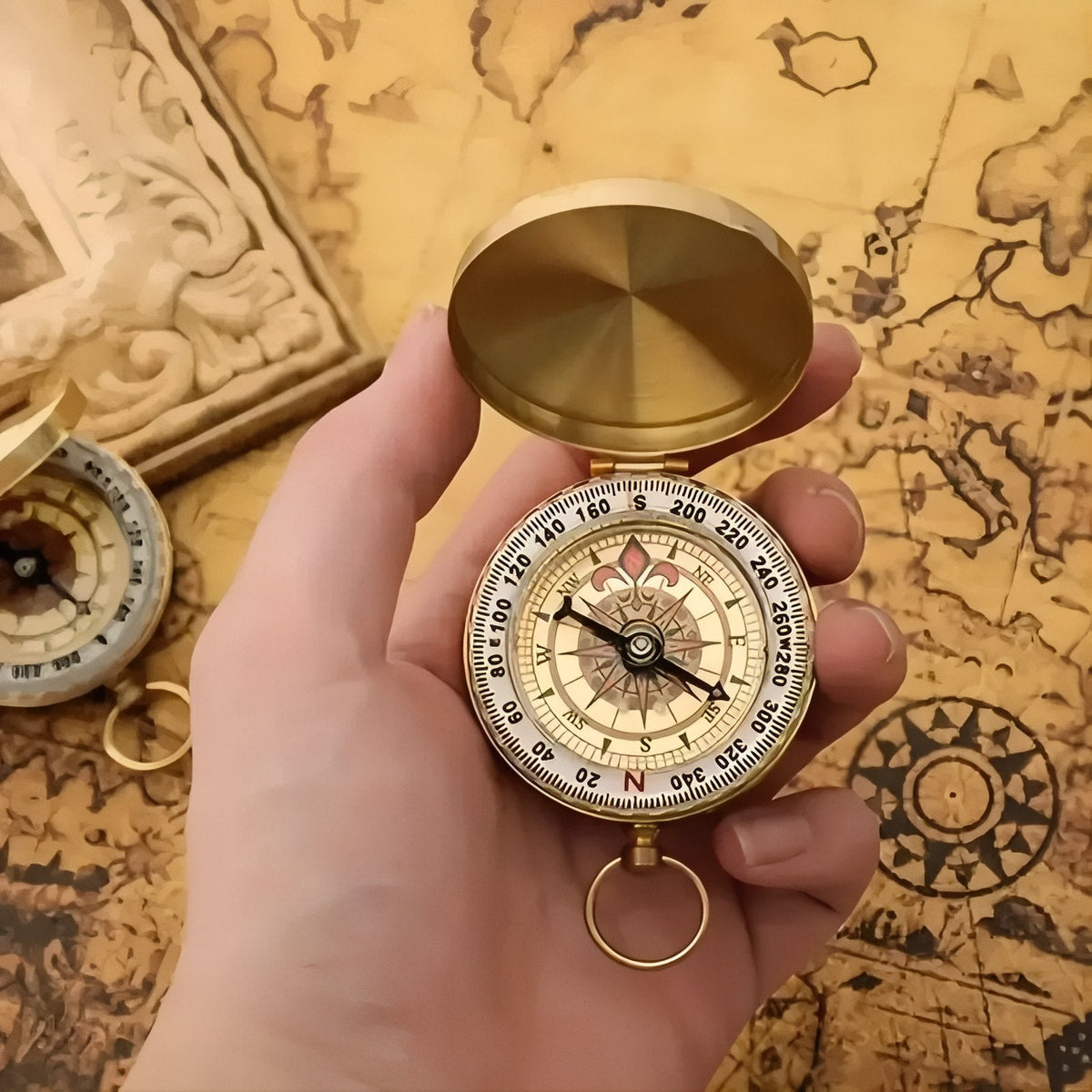 Open pocket compass held in a hand above an old map