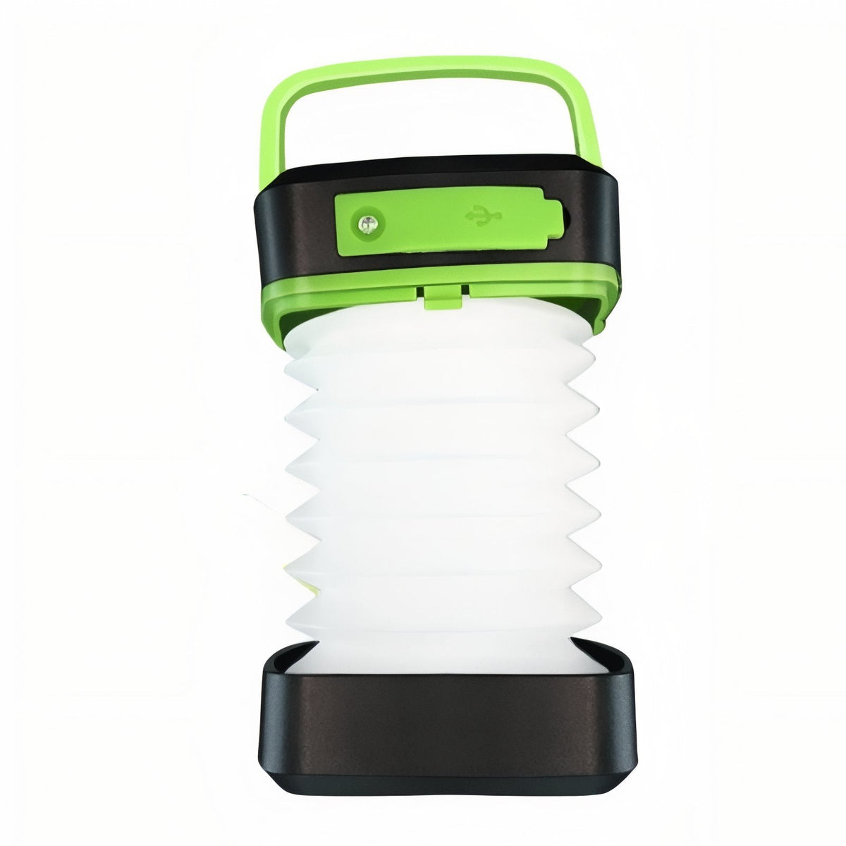 Neon green and black collapsible solar lantern, open, on a white background