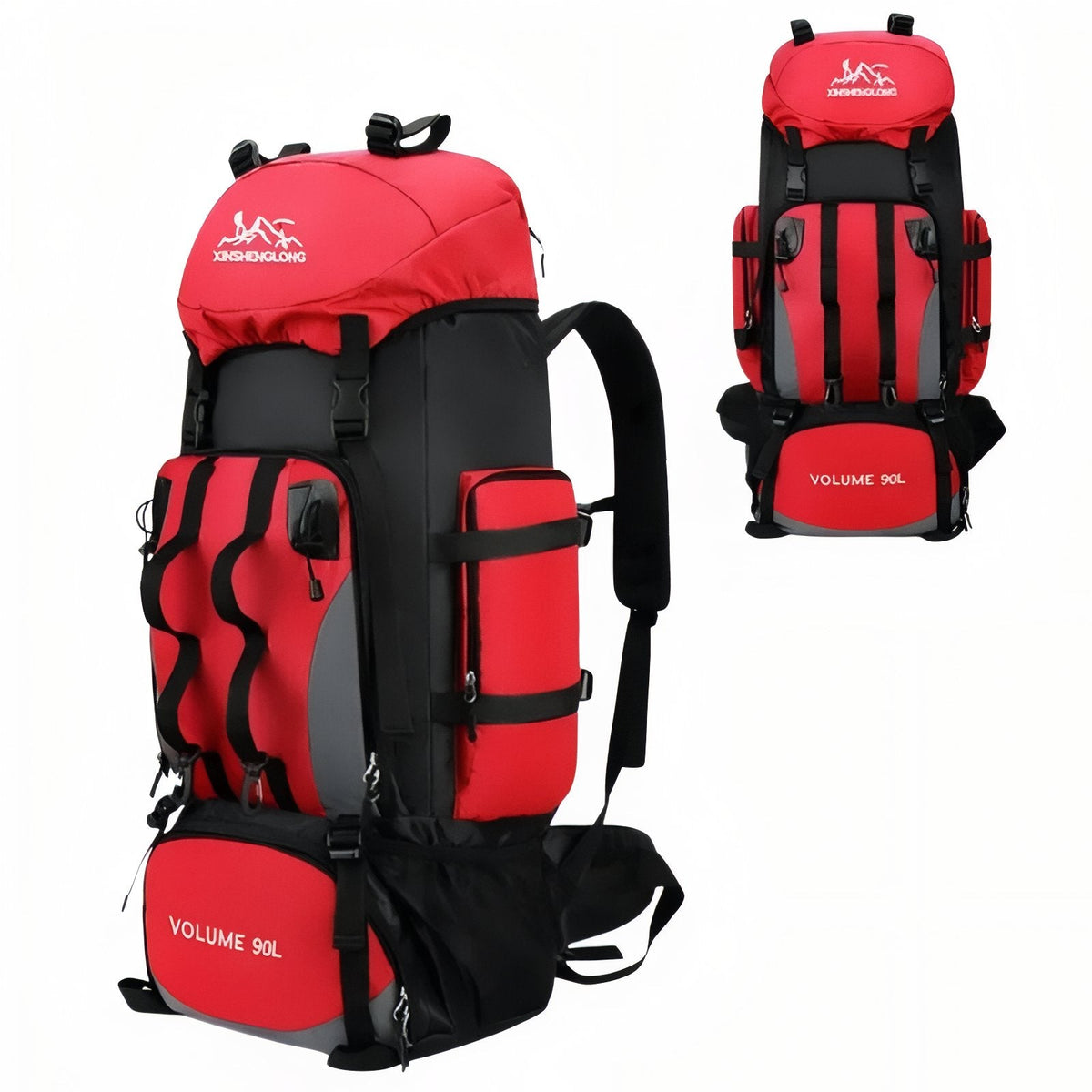 Red 90 L hiking backpack shown from the front with a small back view