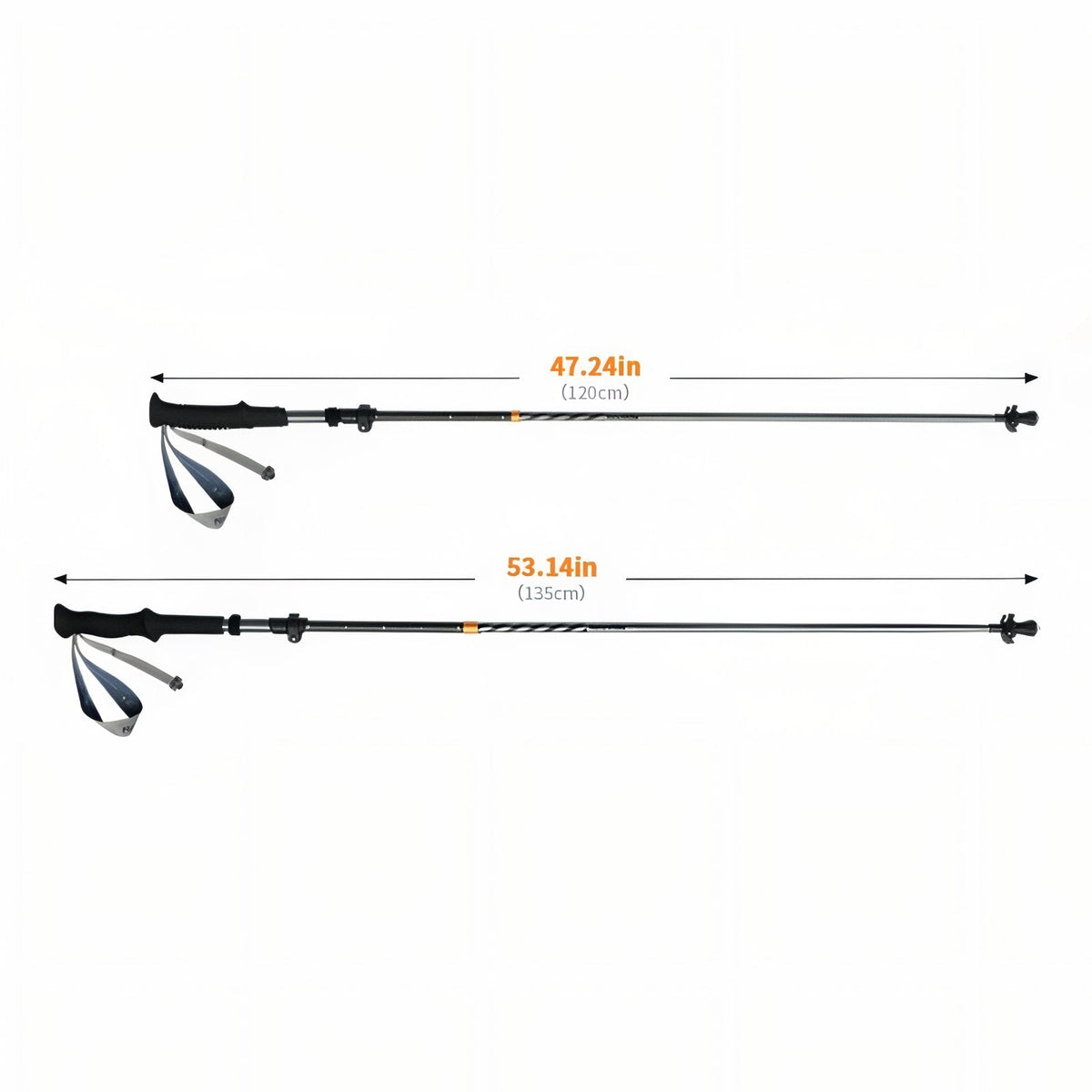 The pole at its two lengths, 120 cm and 135 cm
