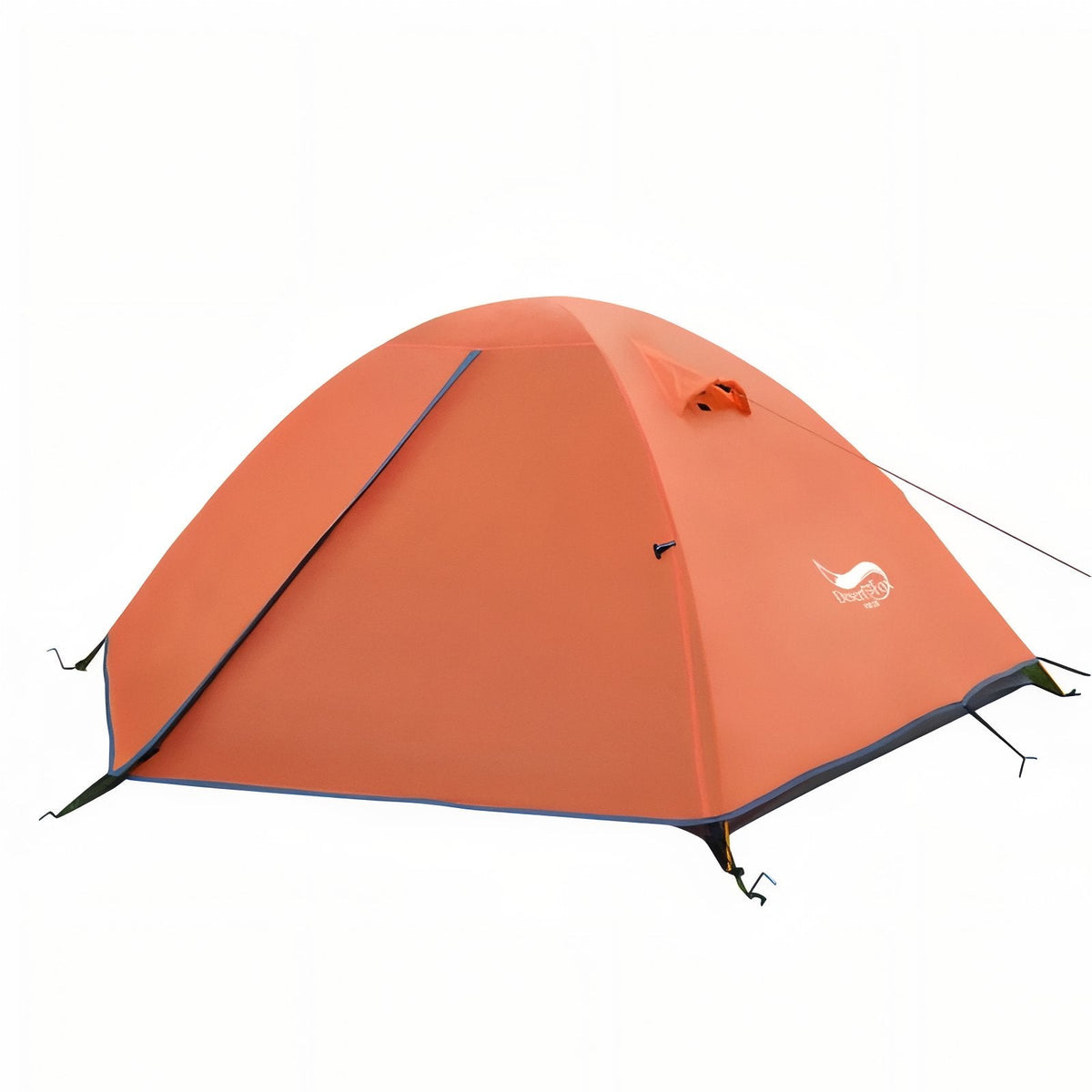 Orange two-person dome tent with the flysheet closed