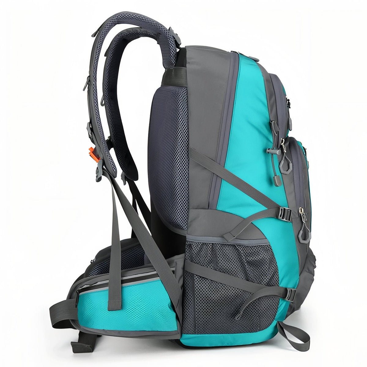 Turquoise and grey backpack seen from the side, mesh pocket and straps