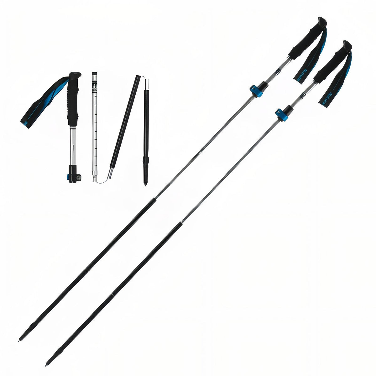 Two silver folding trekking poles extended, with the folding sections of one laid out beside them