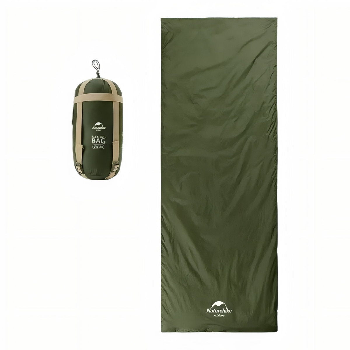 Olive green envelope sleeping bag laid flat beside its packed compression sack